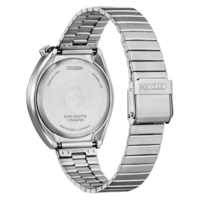 Back of a stainless steel Citizen watch with model and serial numbers.