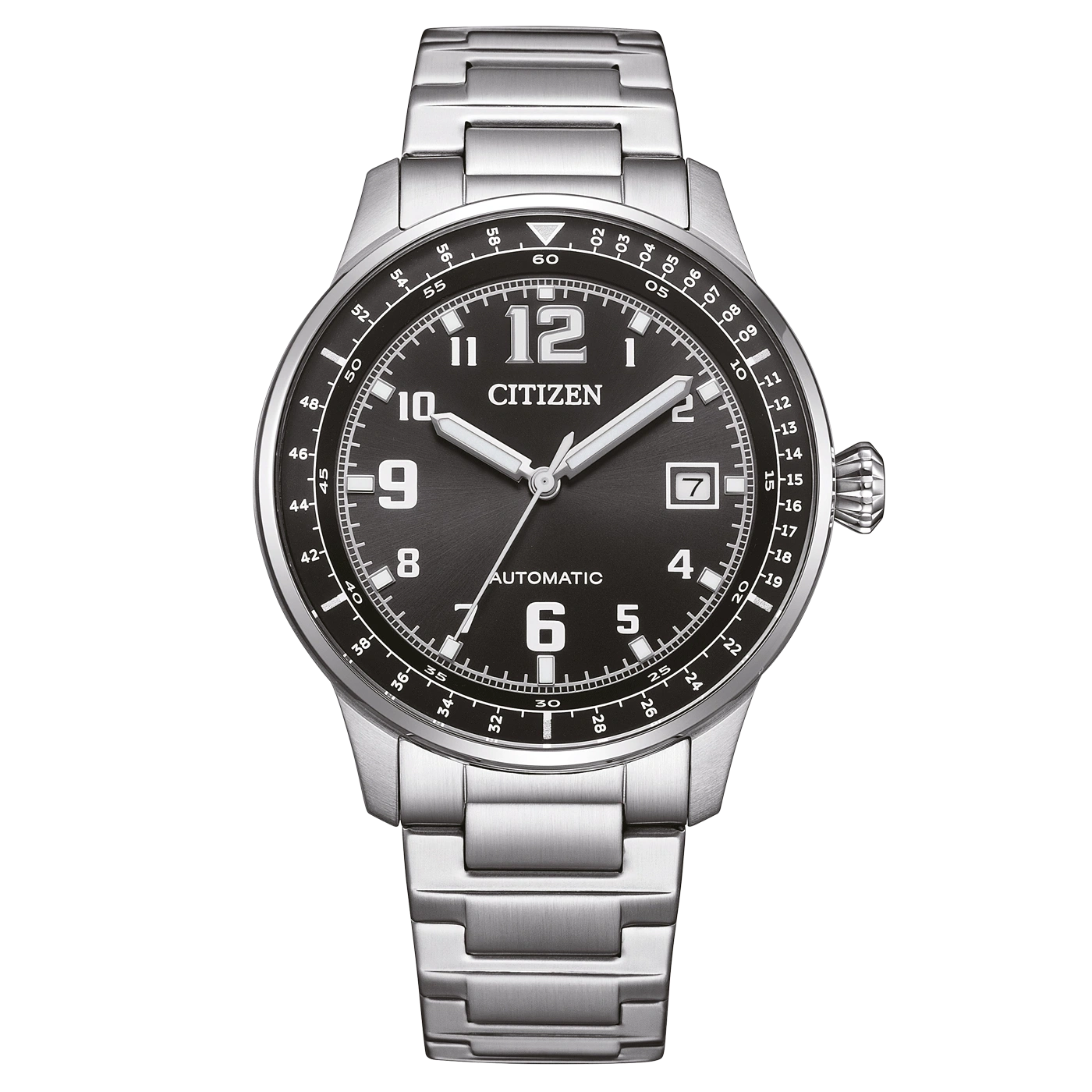 Citizen watch with black dial, silver bracelet, and automatic movement.