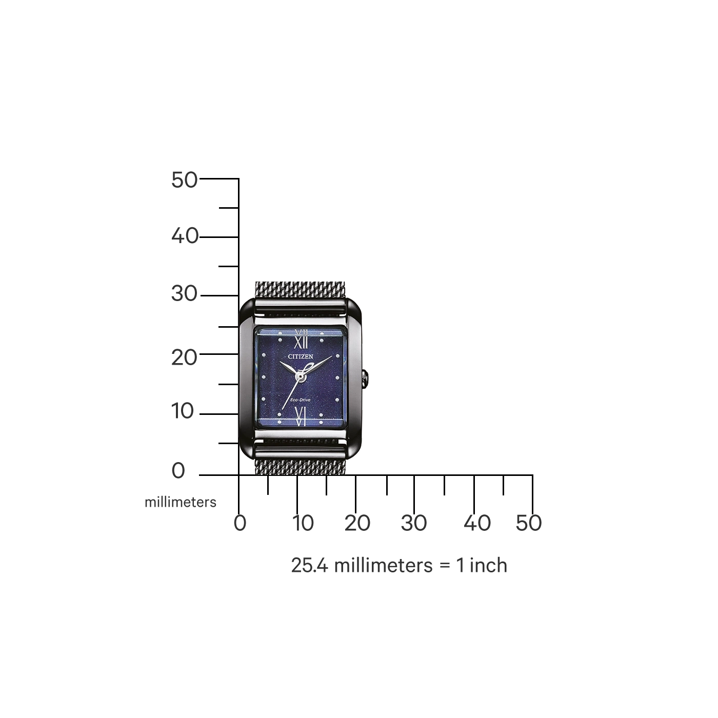 Watch with a blue face and a mesh band, with a ruler.
