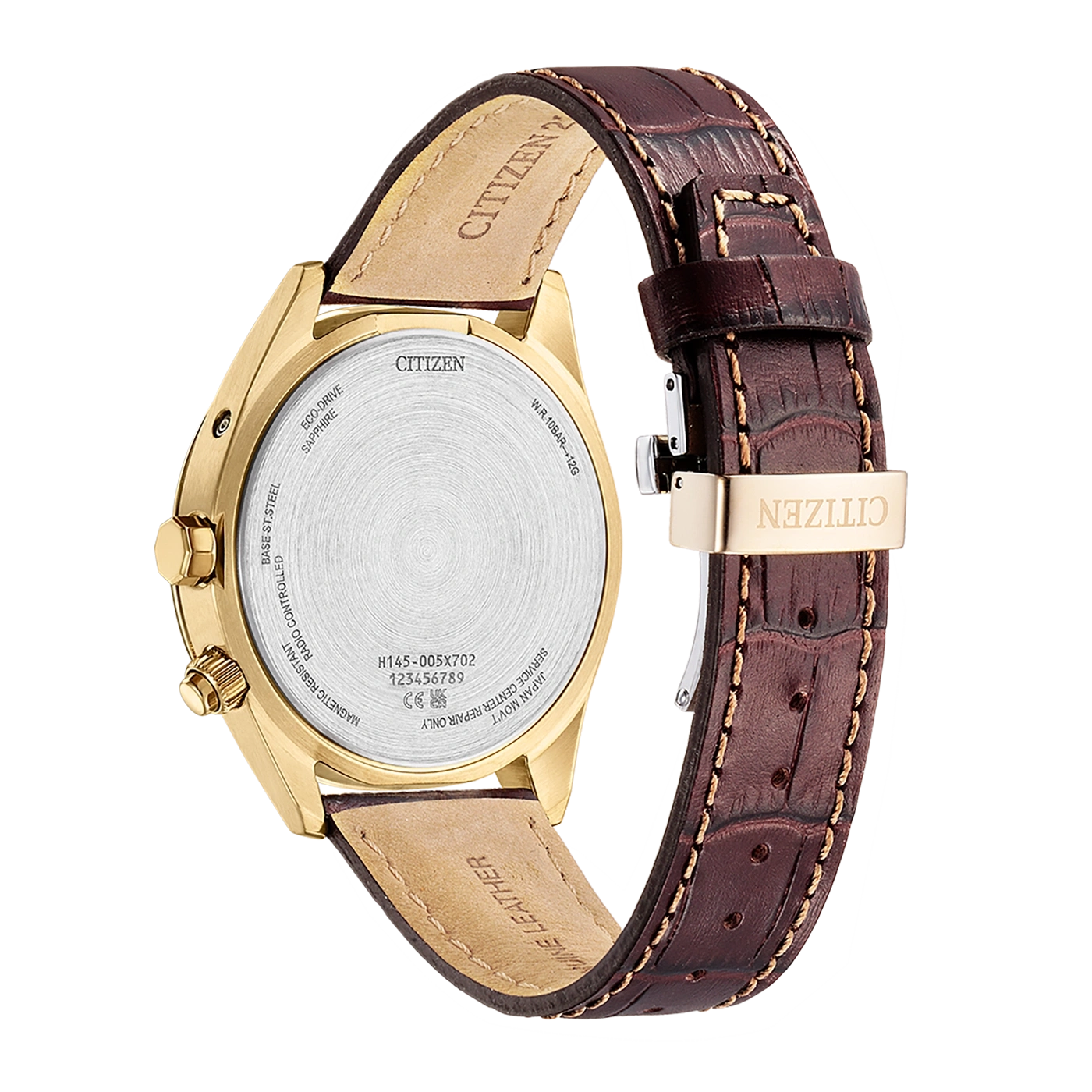 Citizen watch back, gold case, brown leather strap, sapphire glass, eco-drive