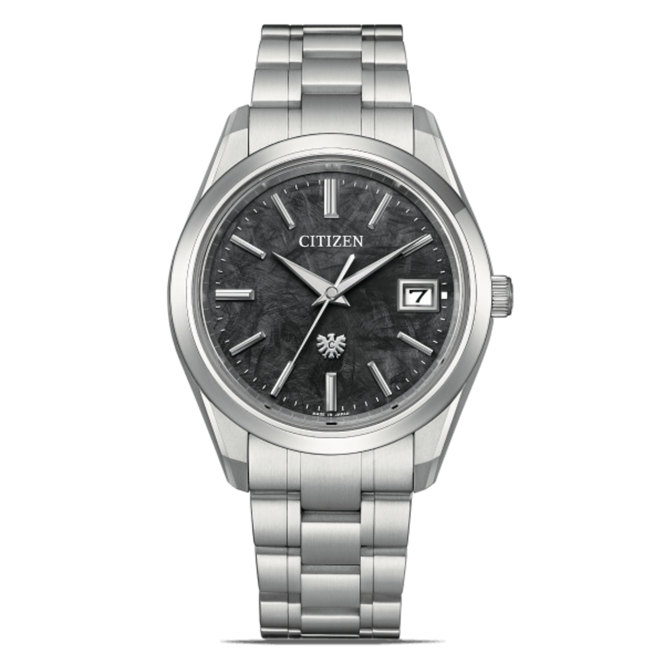 Citizen-Uhr mit dunklem strukturiertem Zifferblatt und silbernem Armband