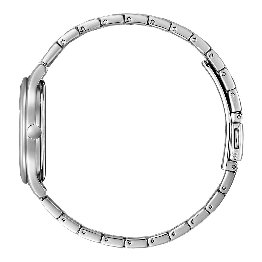 Side view of a silver wristwatch with a metal band, elegant and modern.