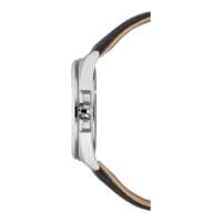 Side view of a silver watch with a black leather strap