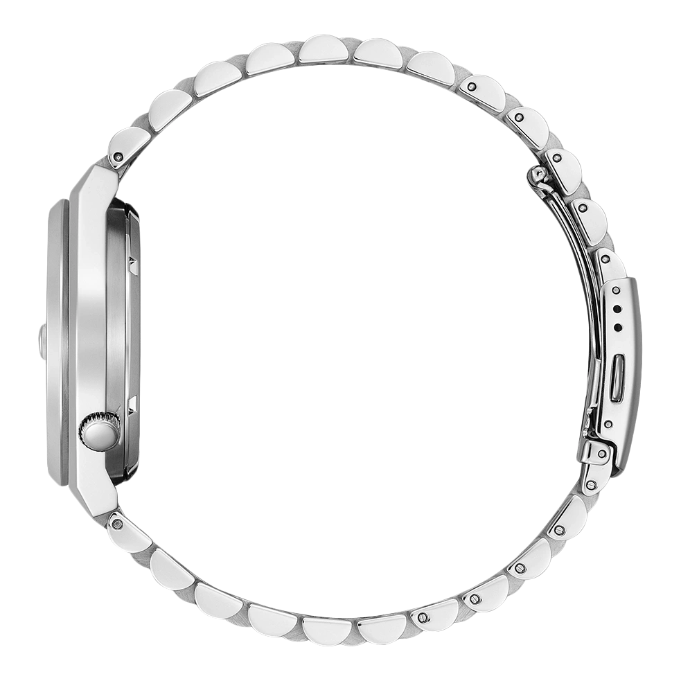 Side view of a silver wristwatch with a metal band, close-up.