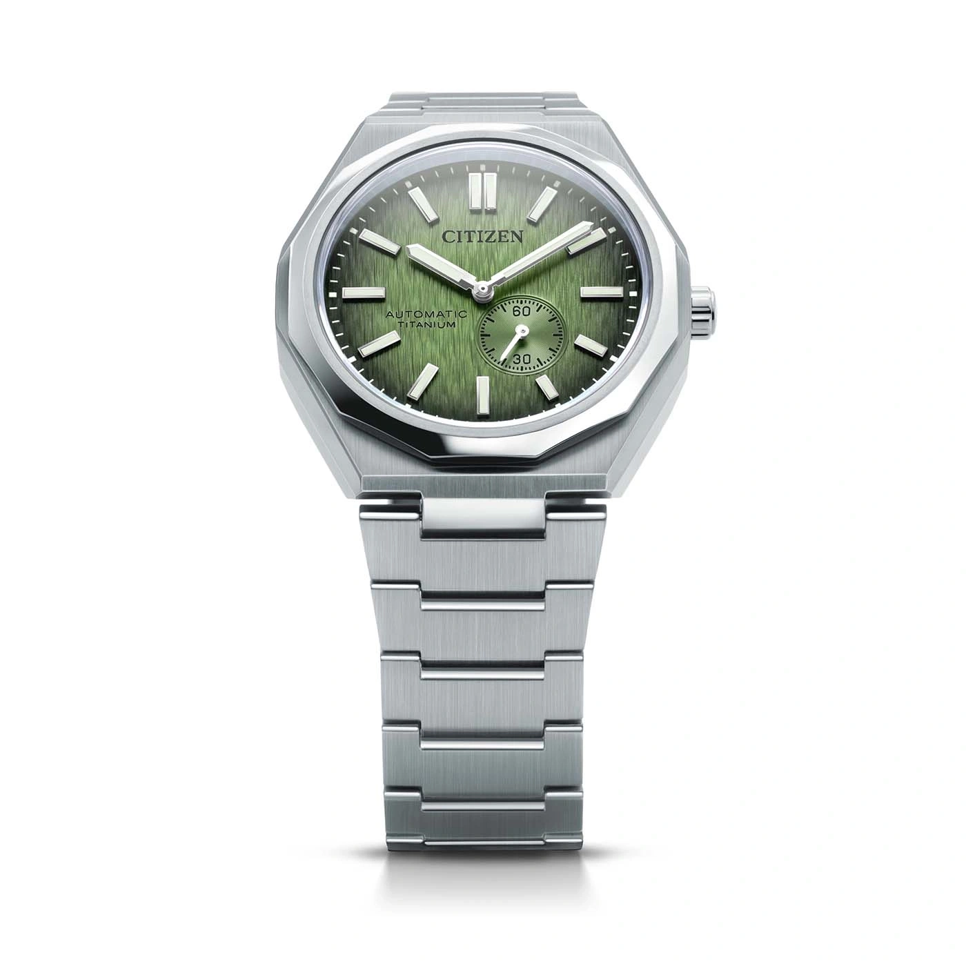 Citizen watch with green face and titanium strap, automatic movement.