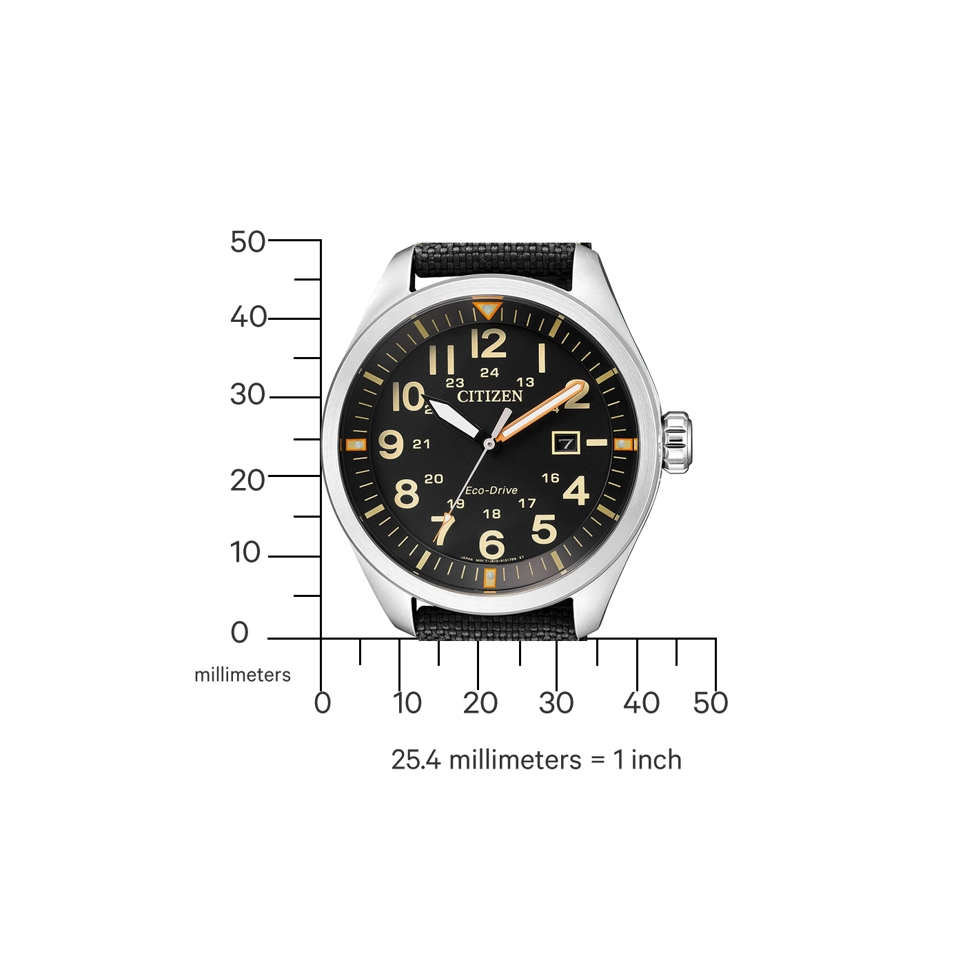 Citizen watch with black face, numbers, and a black strap.