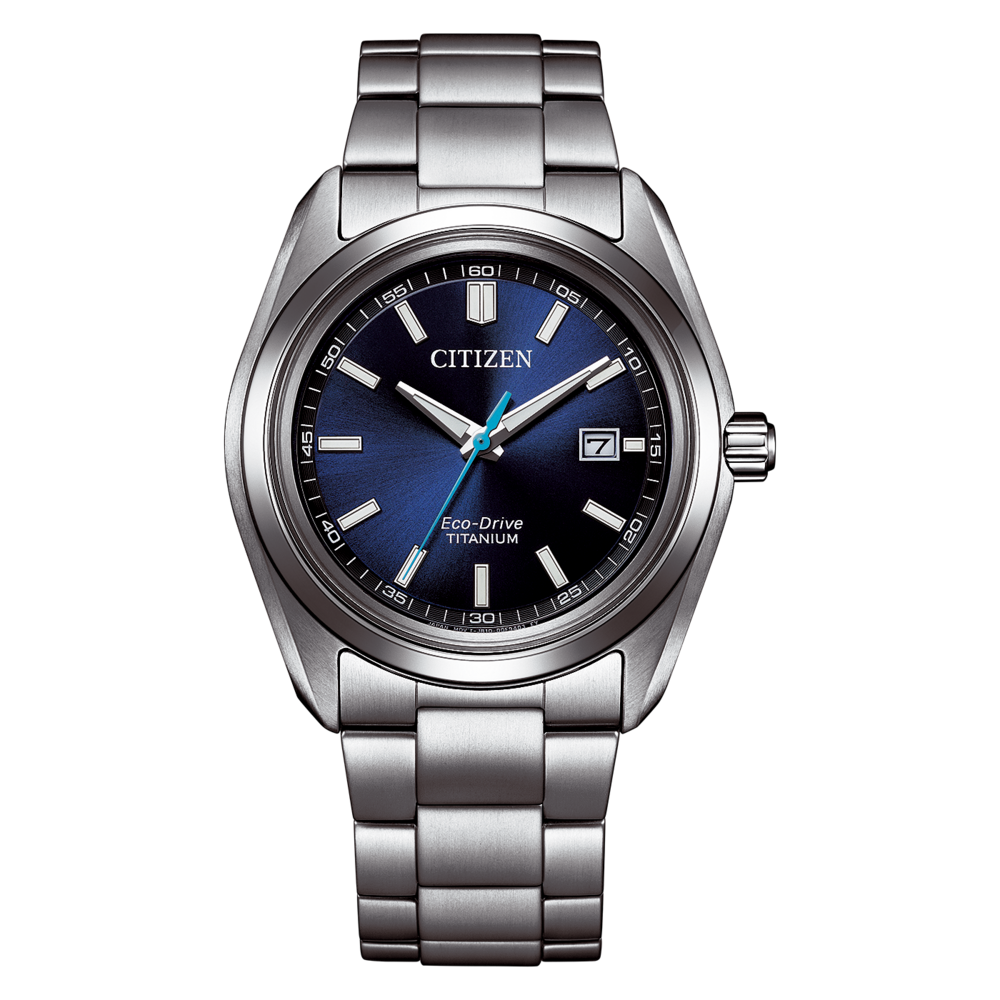 A silver Citizen Eco-Drive titanium watch with a blue dial.