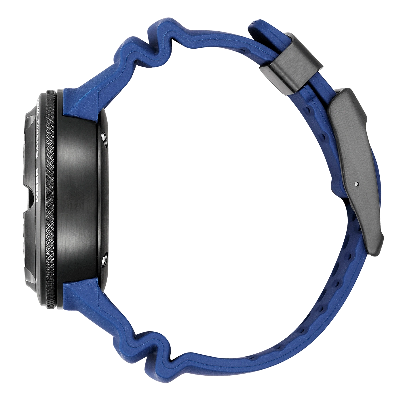 Side view of a black watch with a blue strap.