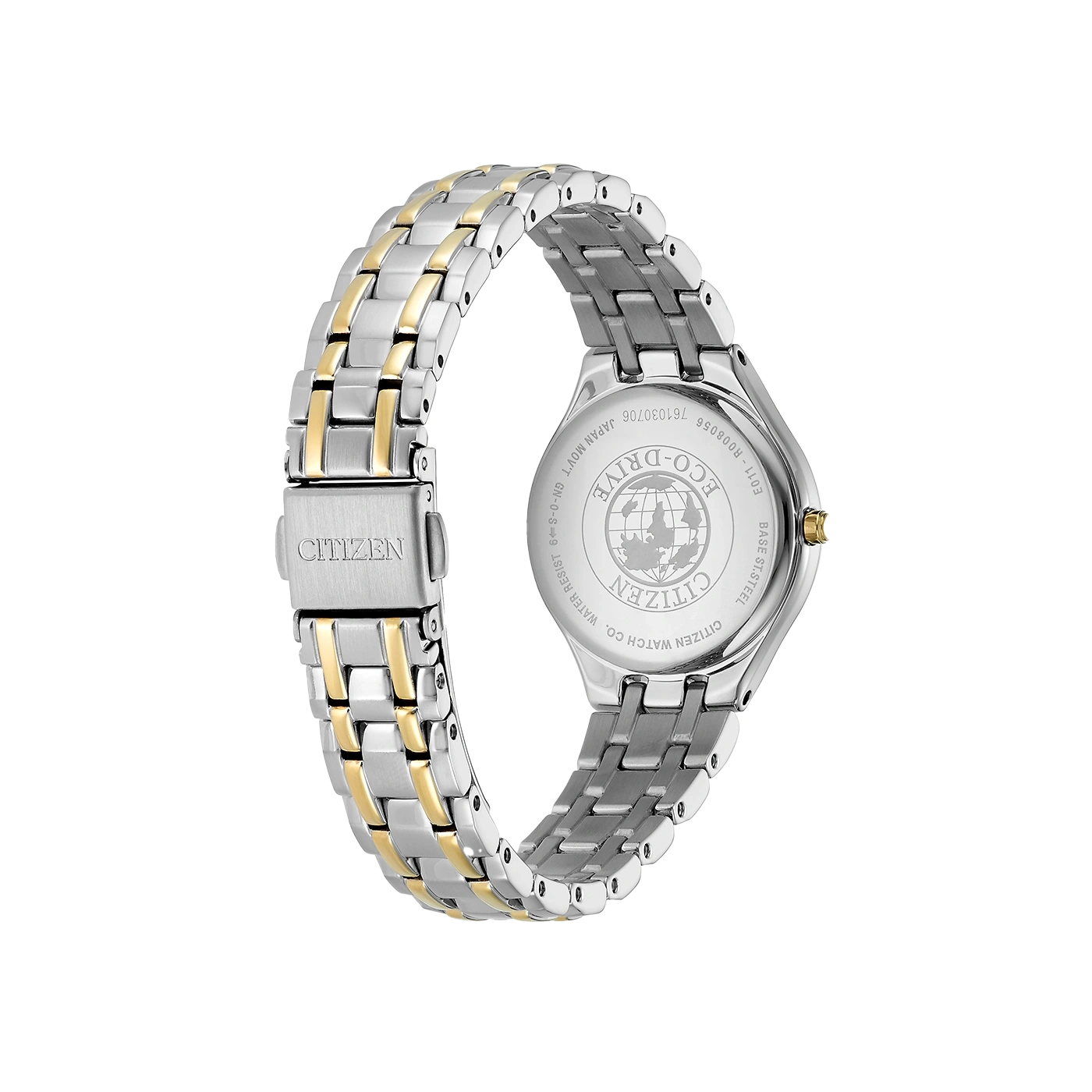 Citizen watch back view with silver and gold bracelet and logo.