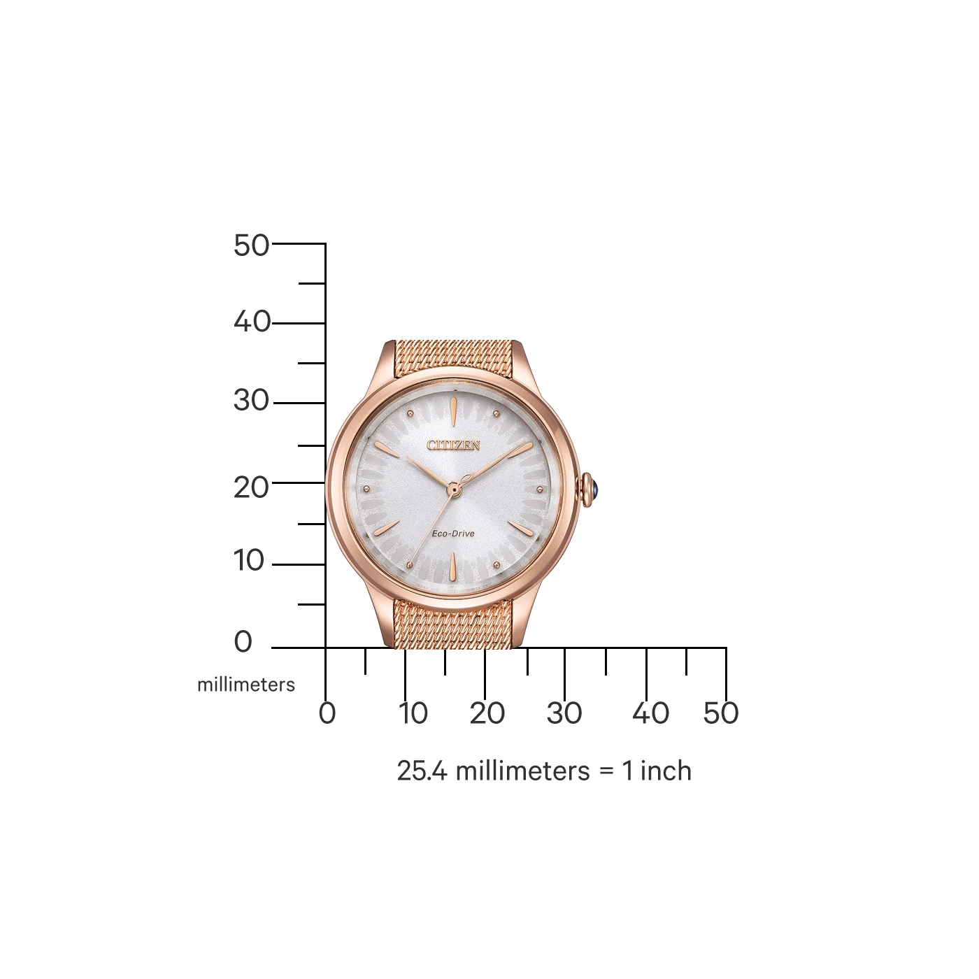 Citizen watch with rose gold case and mesh band, measuring millimeters.