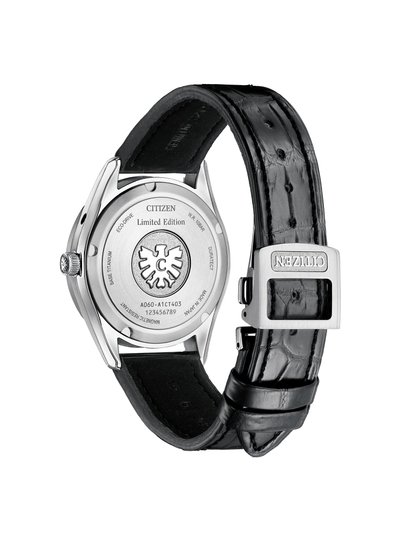Citizen watch back with black leather strap, limited edition, titanium base