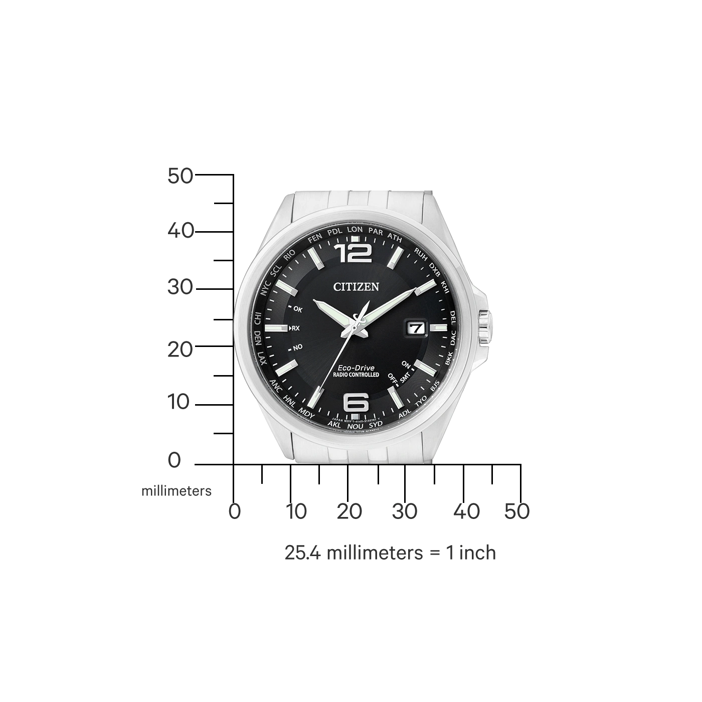 Citizen watch with black face, time indicators, and world time zones.