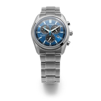 A modern silver Citizen Eco-Drive Titanium chronograph watch with a blue dial.
