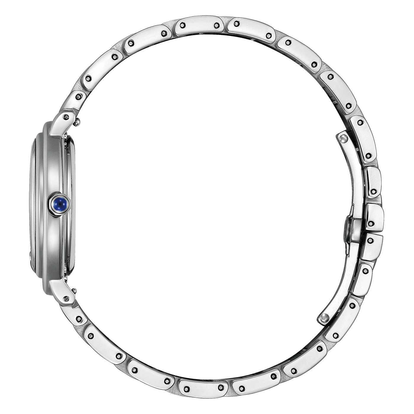Silver watch with a blue gem and a metal strap, side view.