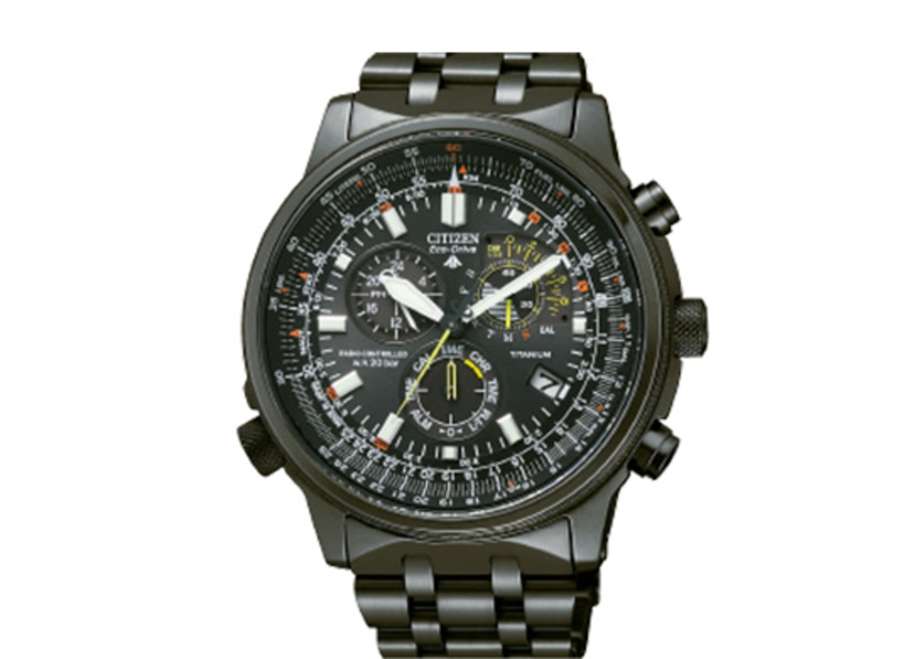 Black Citizen Eco-Drive watch with titanium and chronograph features.