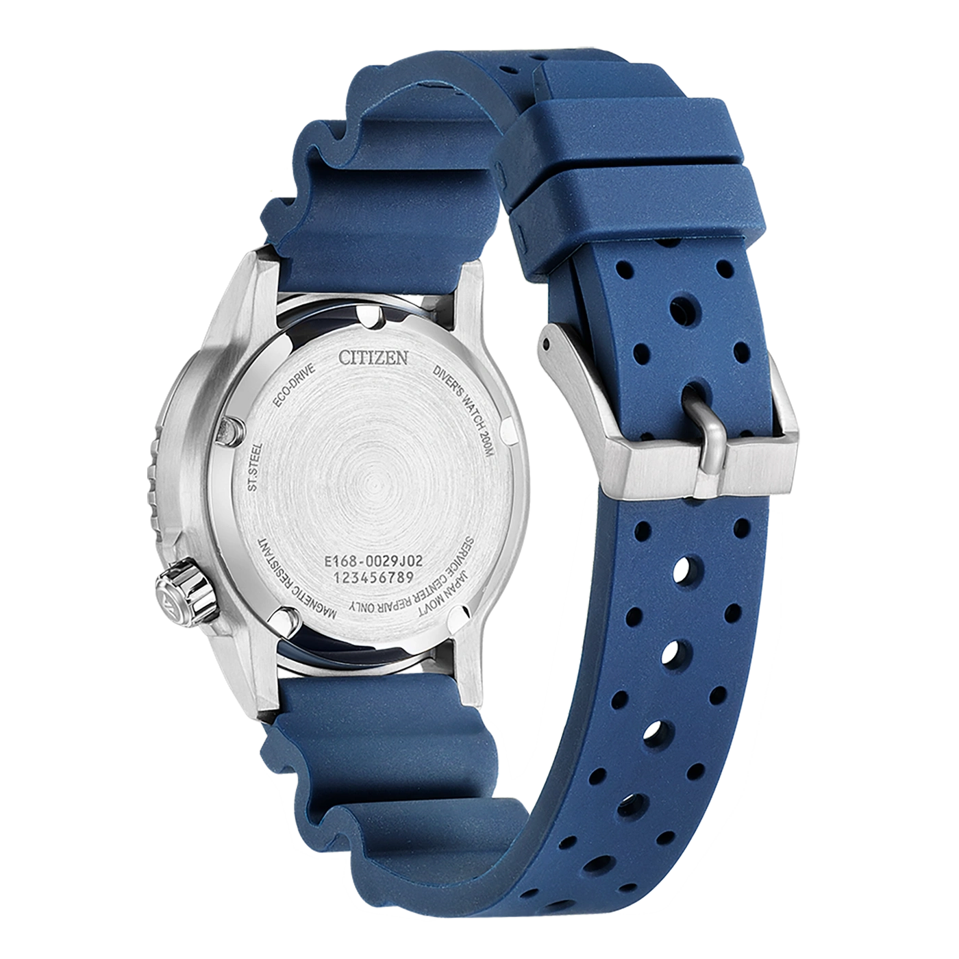Citizen watch back, blue strap, Eco-Drive, Diver's Watch 200M, stainless steel