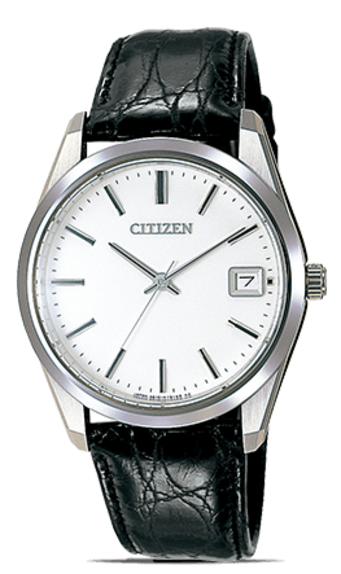 Citizen-Uhr mit weißem Zifferblatt und schwarzem Lederarmband.