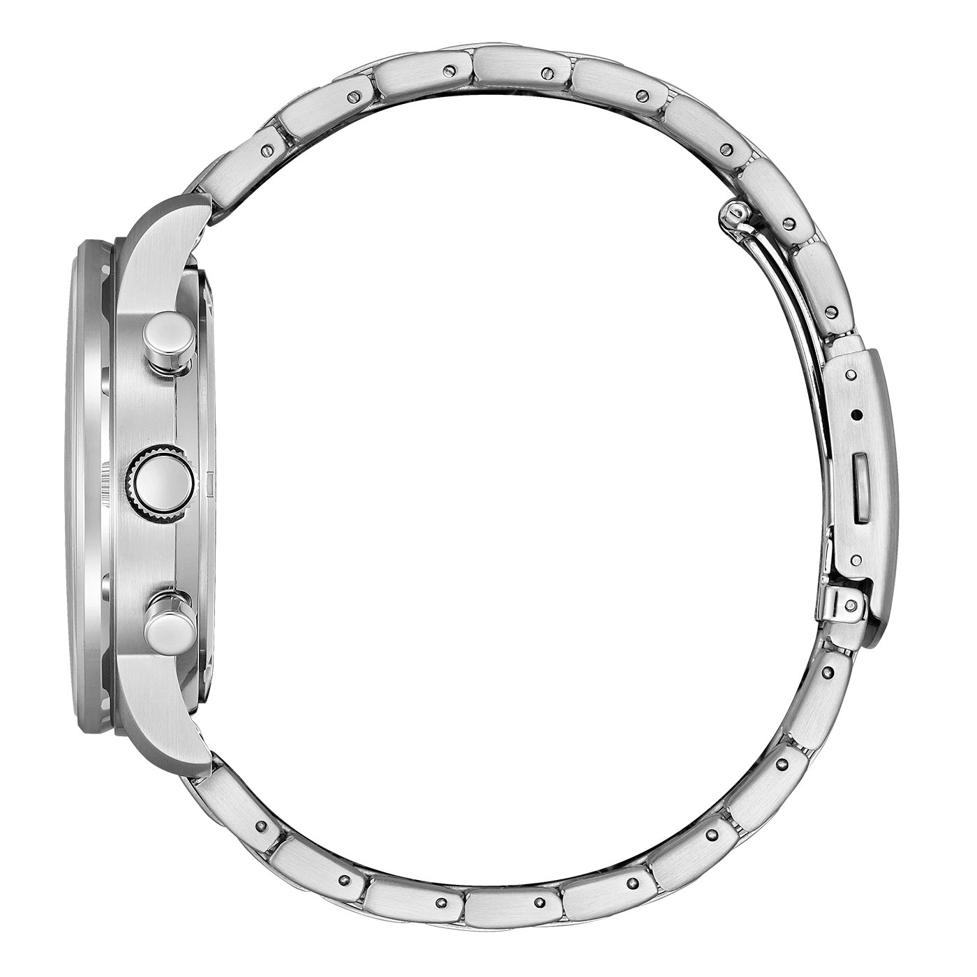 Side view of a silver wristwatch with a metal band and a white background.
