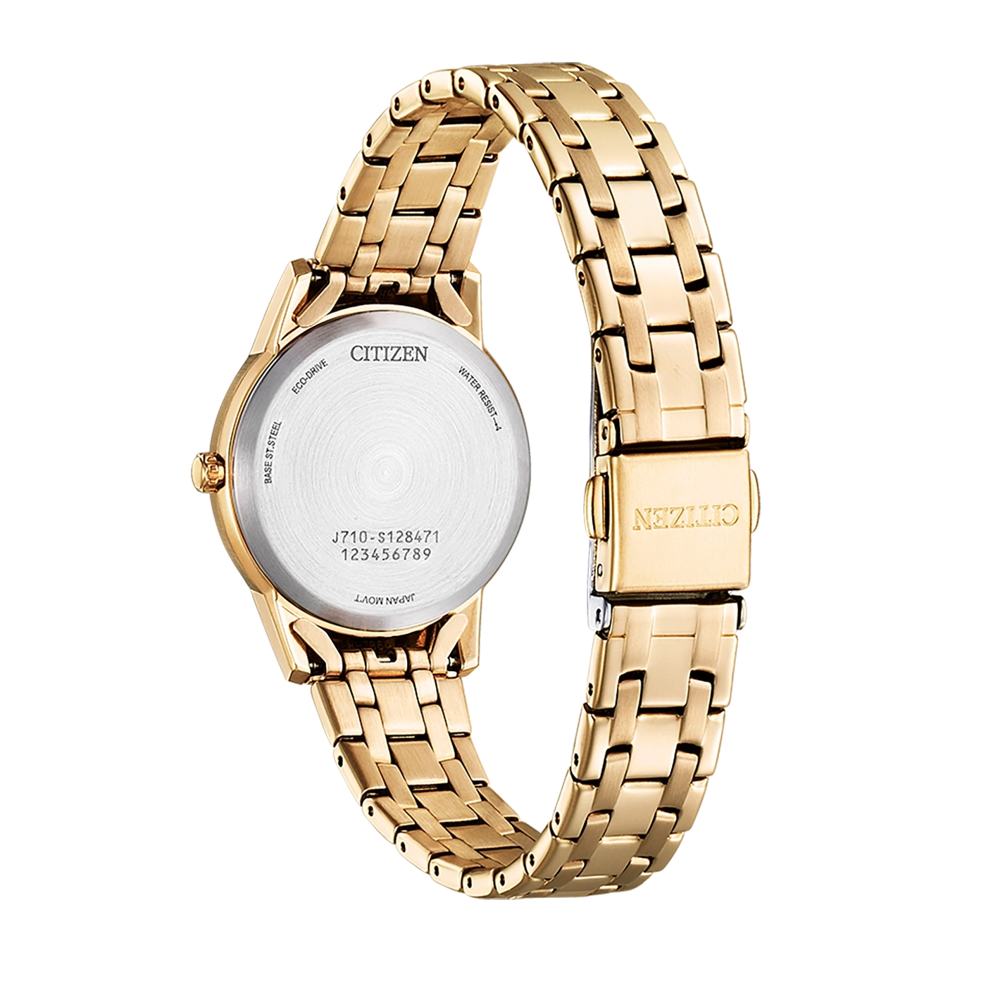 Gold Citizen watch, back view, with details of the watch face and strap.