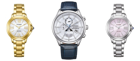 Three Citizen watches: gold, silver, and a blue-strapped chronograph, all with white faces.