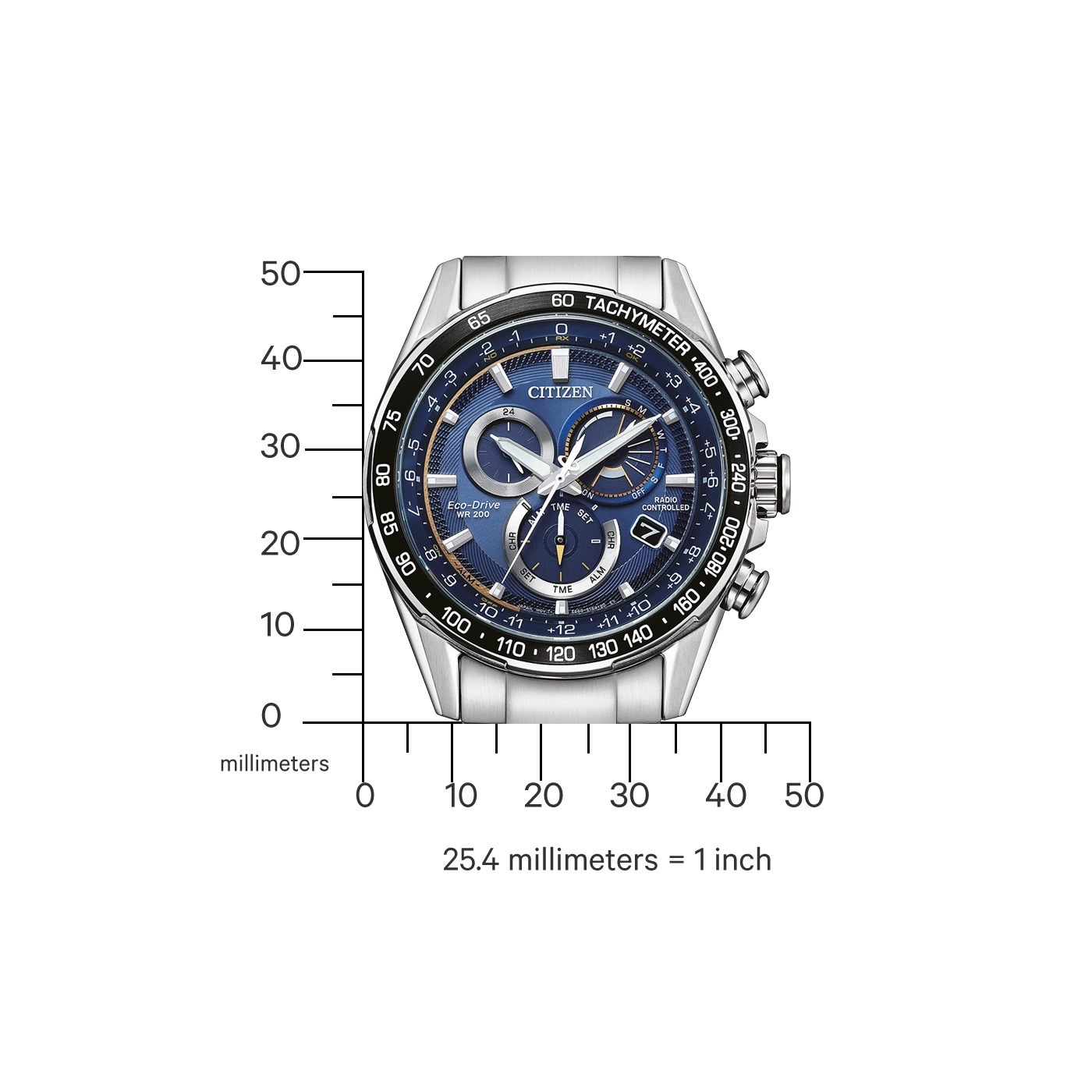 Citizen watch with blue face, tachymeter, and Eco-Drive technology, showing time and date.