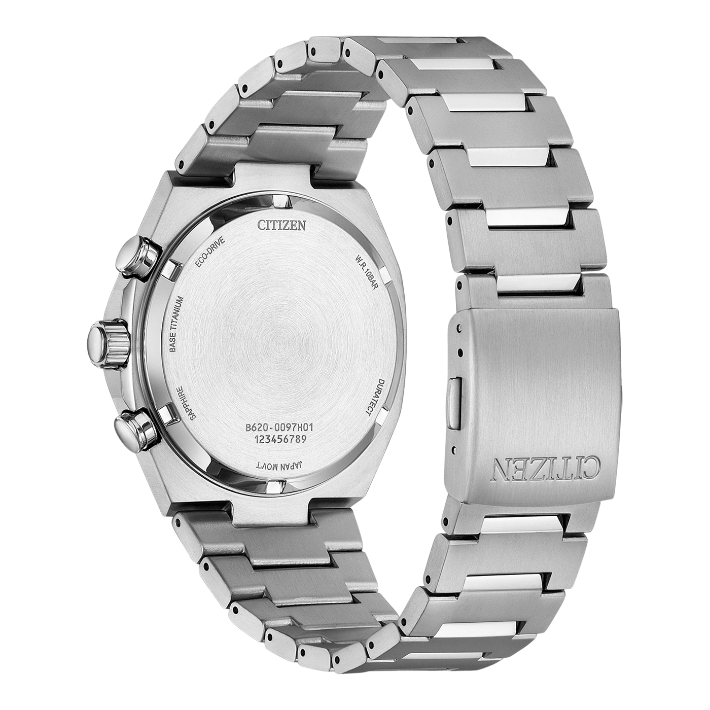 Citizen watch back, titanium, sapphire, eco-drive, water resistant, Japan movement.