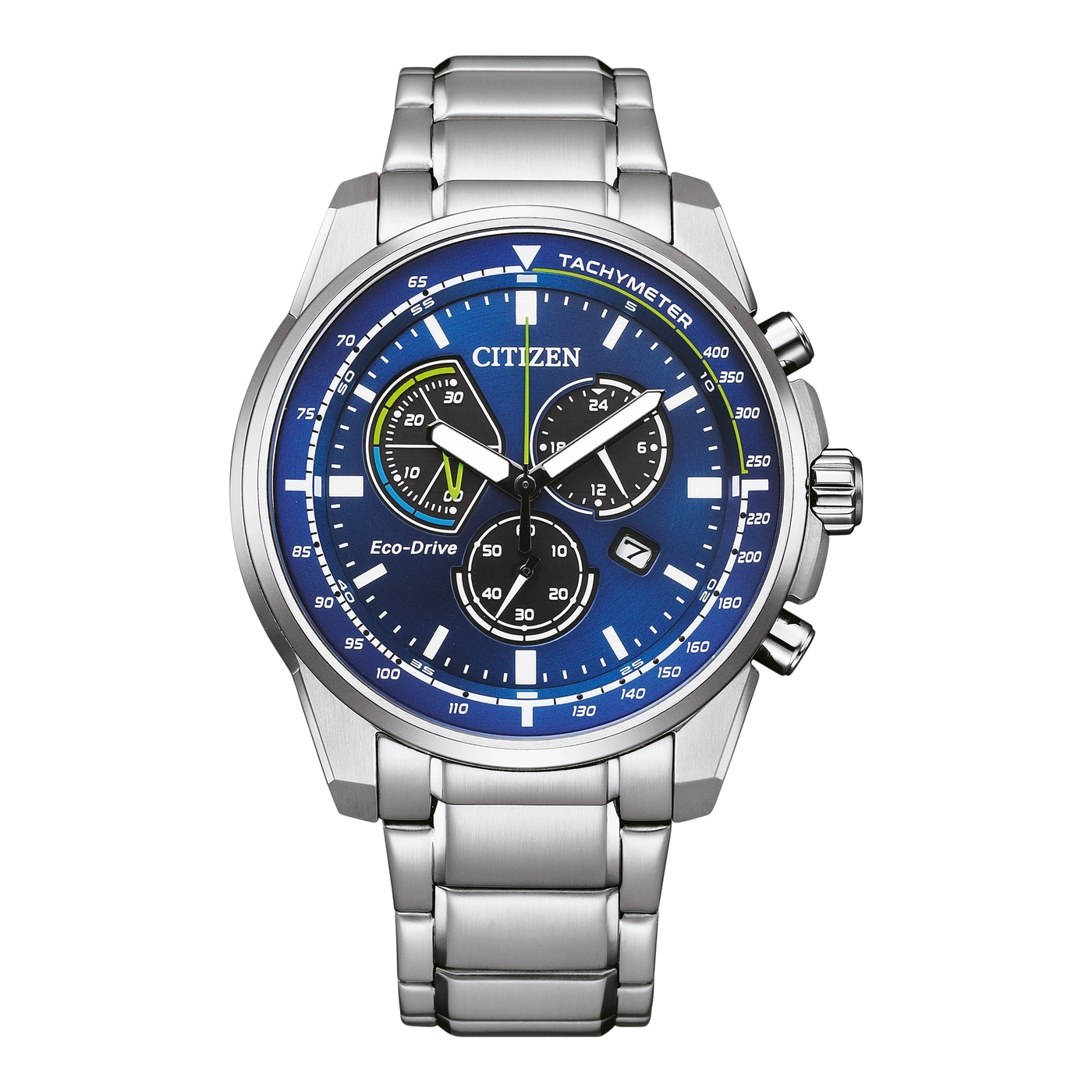 Citizen watch with blue dial, tachymeter, and chronograph features, stainless steel bracelet.