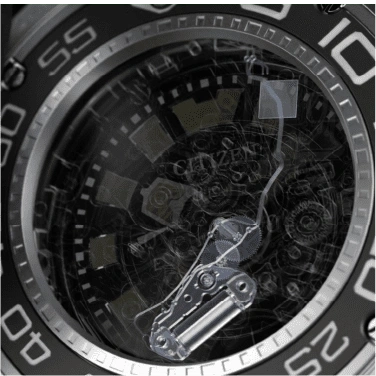 Close-up of a Citizen watch mechanism, showcasing intricate details and gears.
