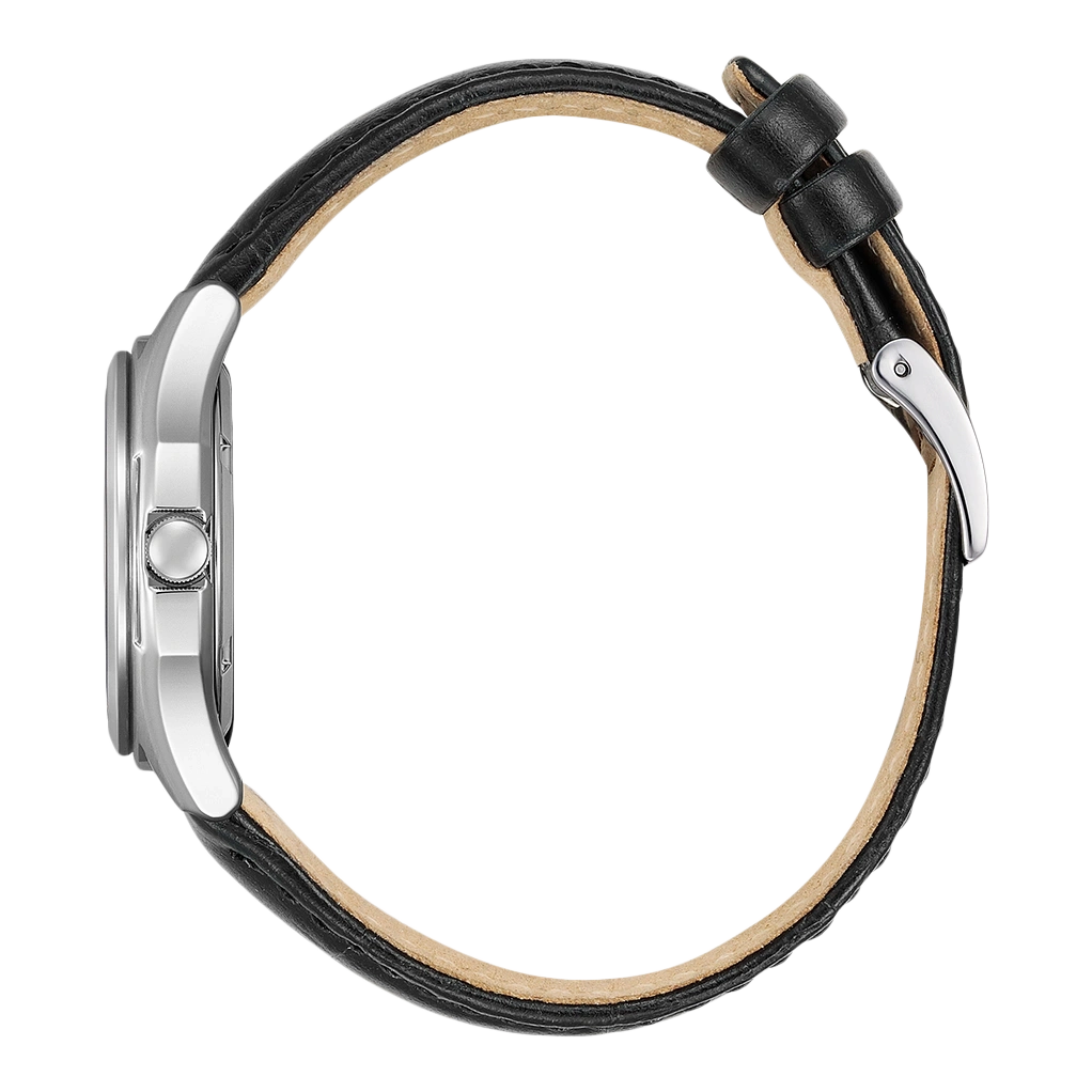 Side view of a silver watch with a black leather strap.