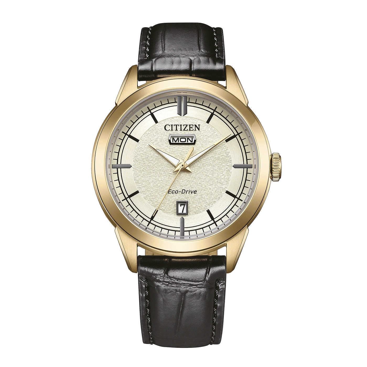 A gold Citizen Eco-Drive watch with a textured champagne dial and black leather strap.