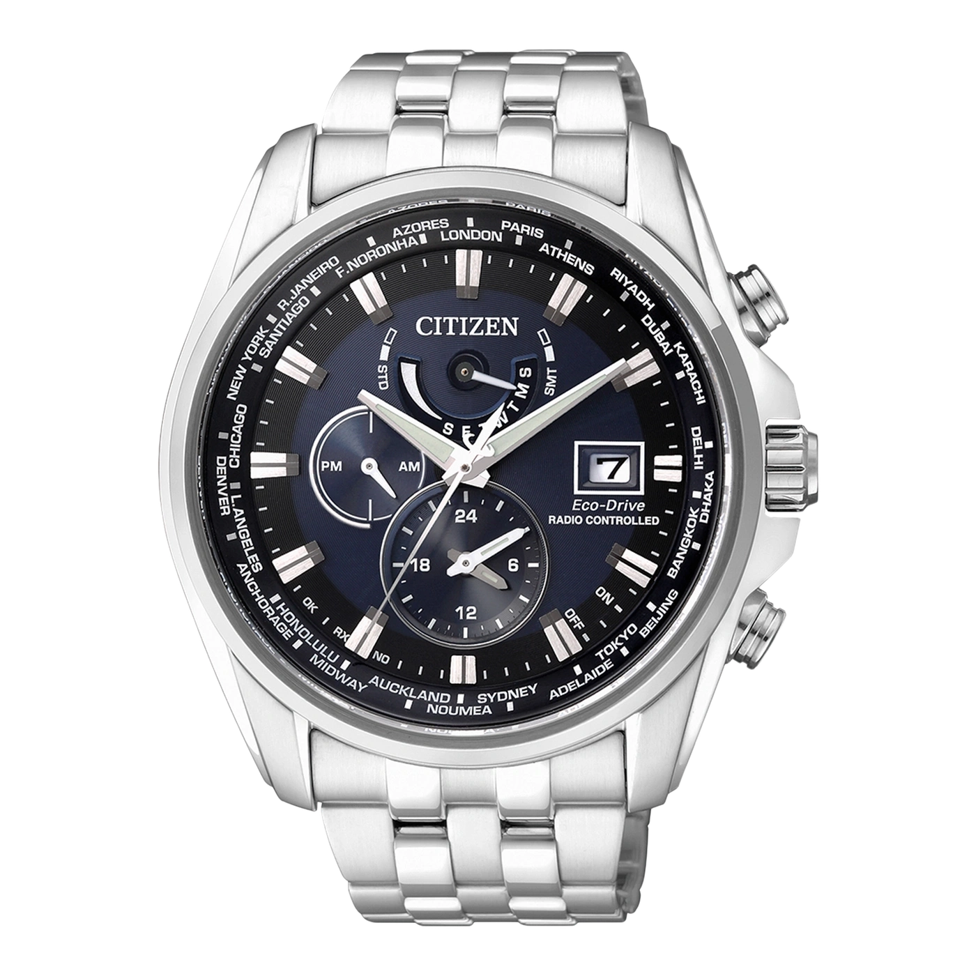 Citizen watch with world time function, stainless steel, blue dial, radio controlled, date display.