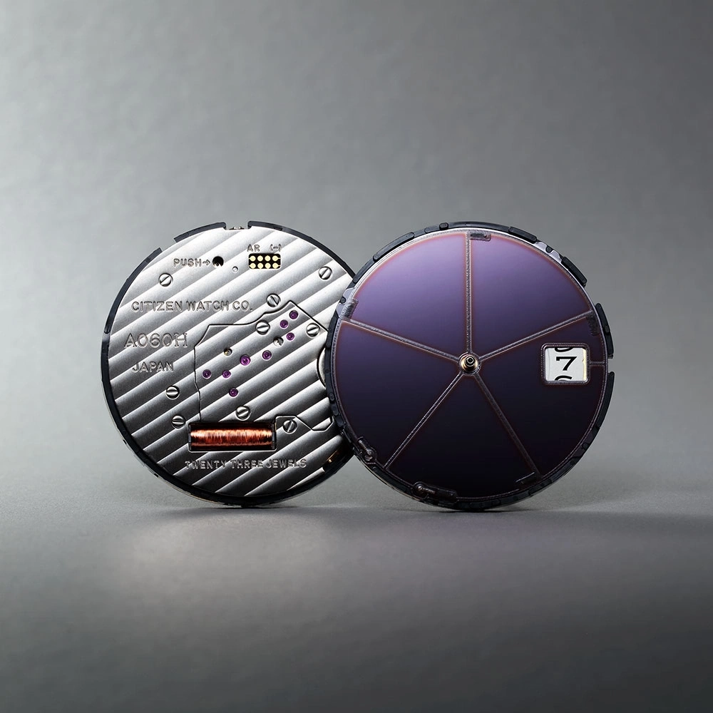 Watch movement with visible components, Citizen, A060H, Japan, twenty three jewels, date display.