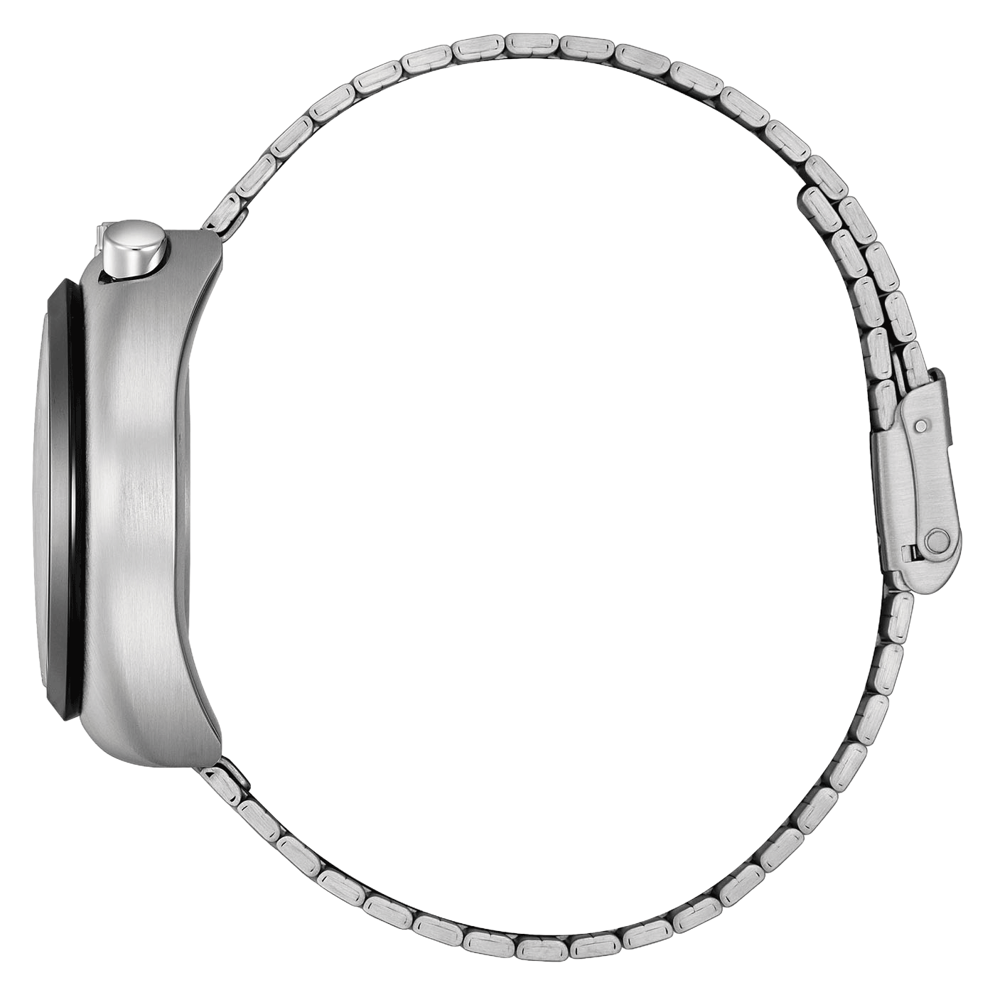 Silver watch bracelet, side view, stainless steel material.