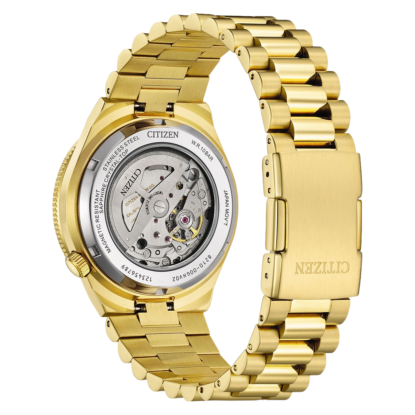 A gold Citizen watch with an open back showing the movement.