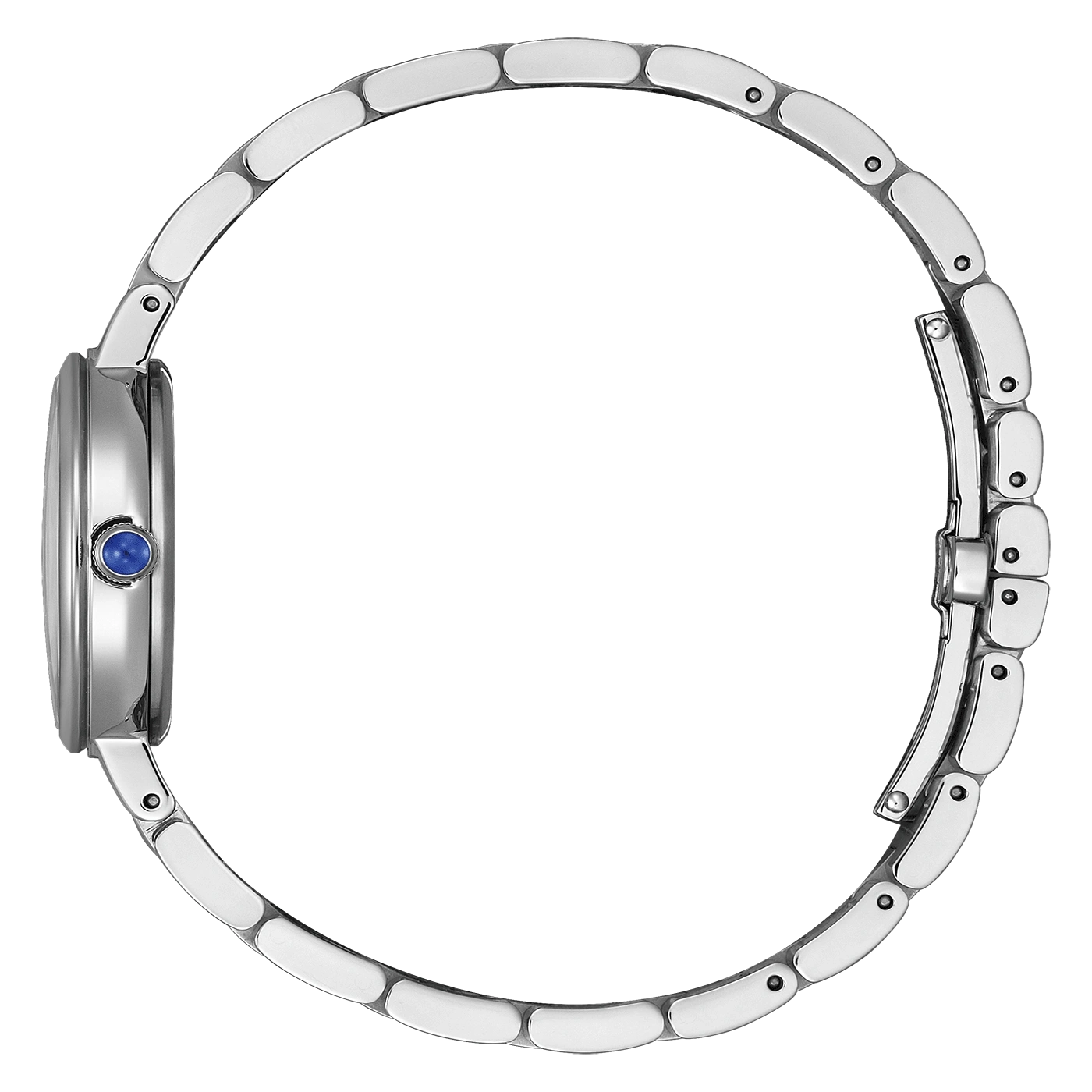 Silver watch with blue gem, side view, on a green background