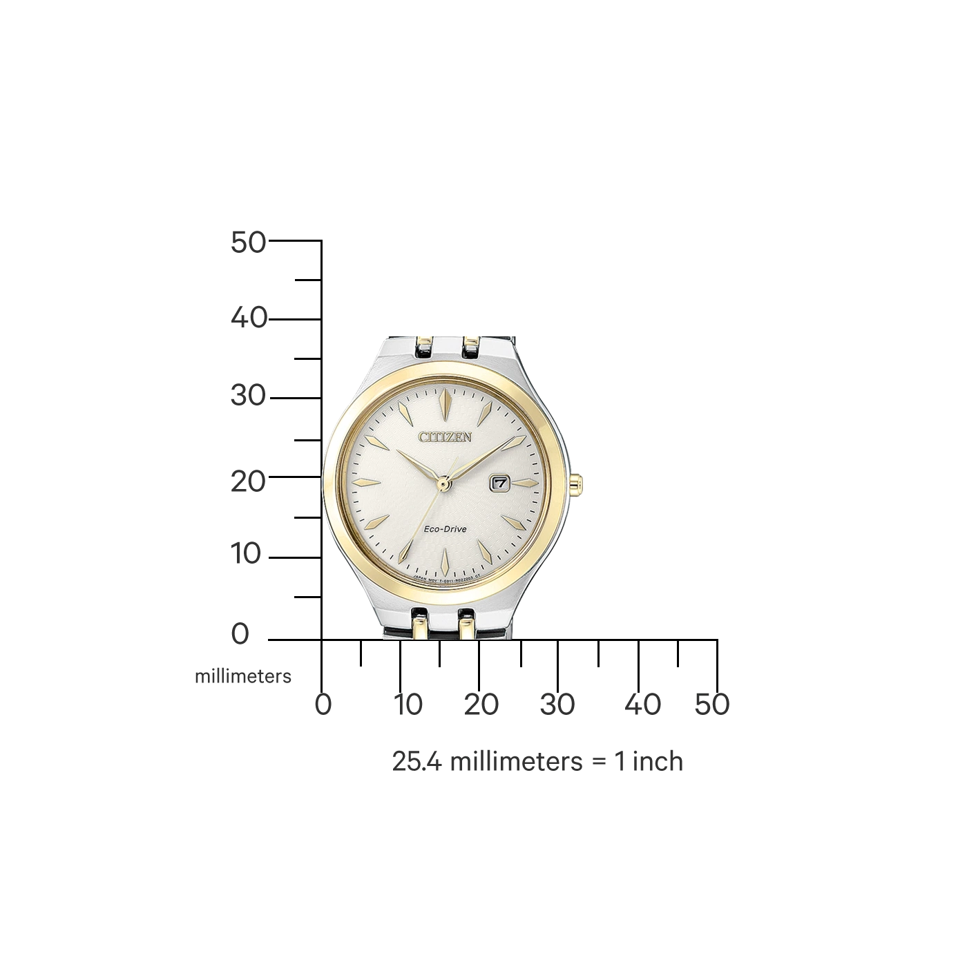 Citizen watch with gold accents, measuring scale, and Eco-Drive technology.