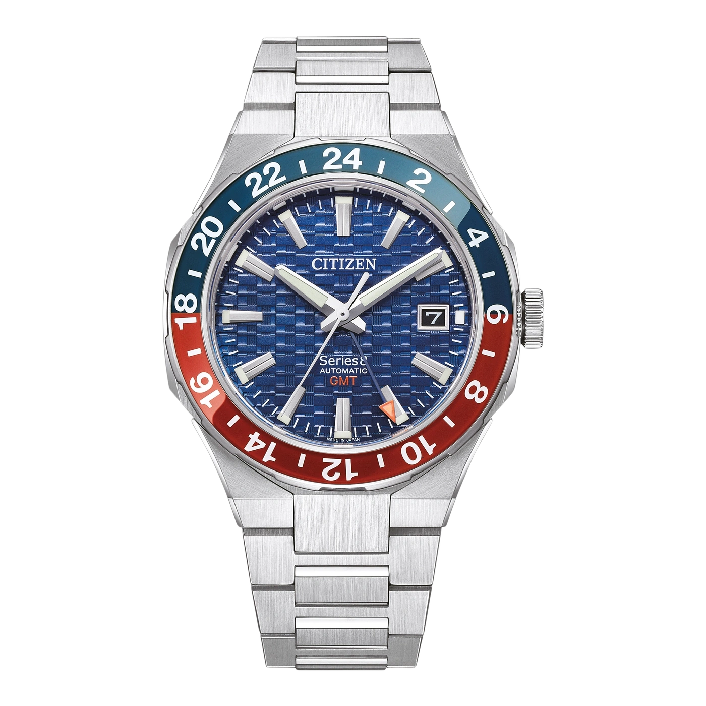 Citizen watch with blue face, red and blue bezel, and silver band.