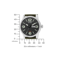 Citizen Eco-Drive watch with black face, green strap, and date display.