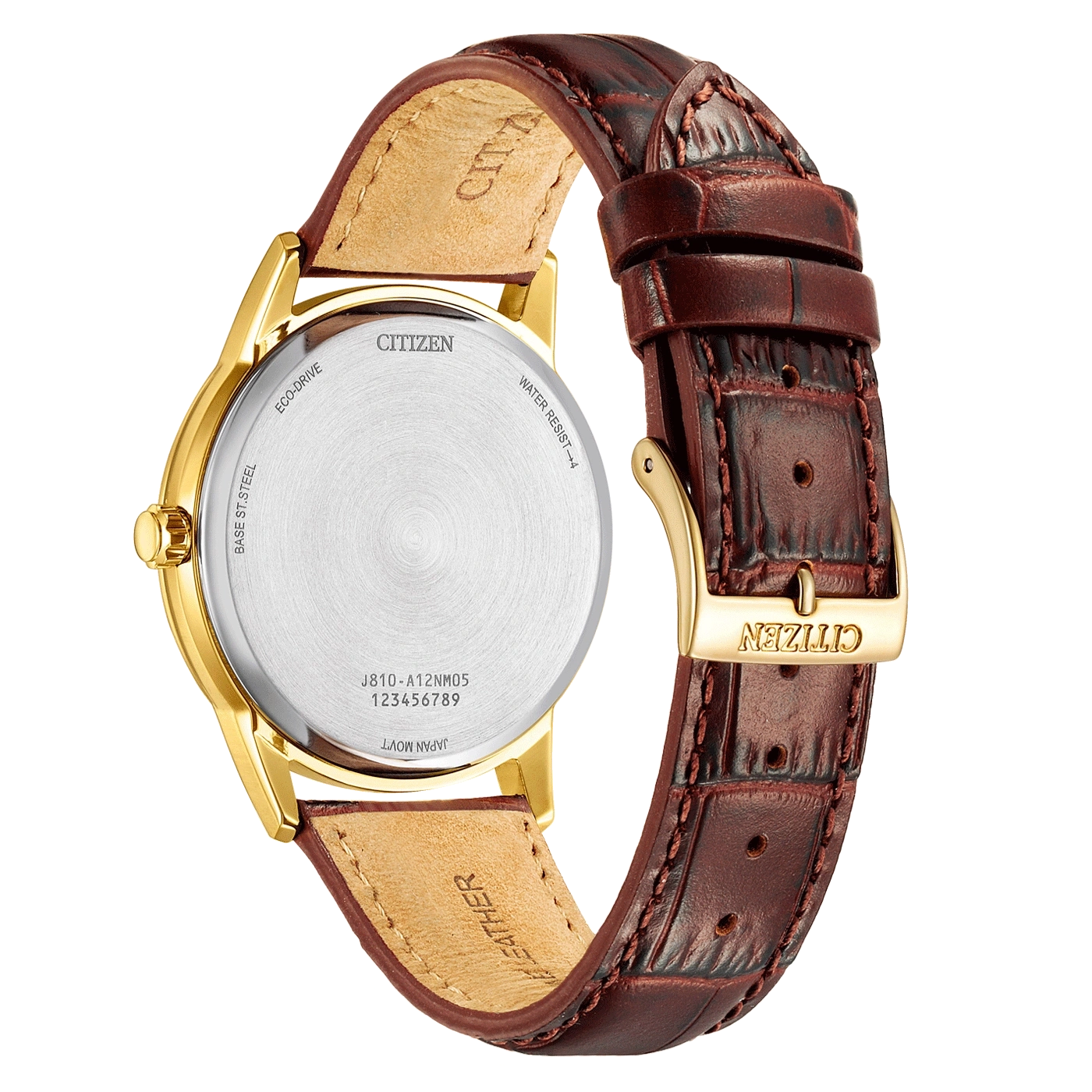 Citizen watch back with leather strap, gold case, and brand details.