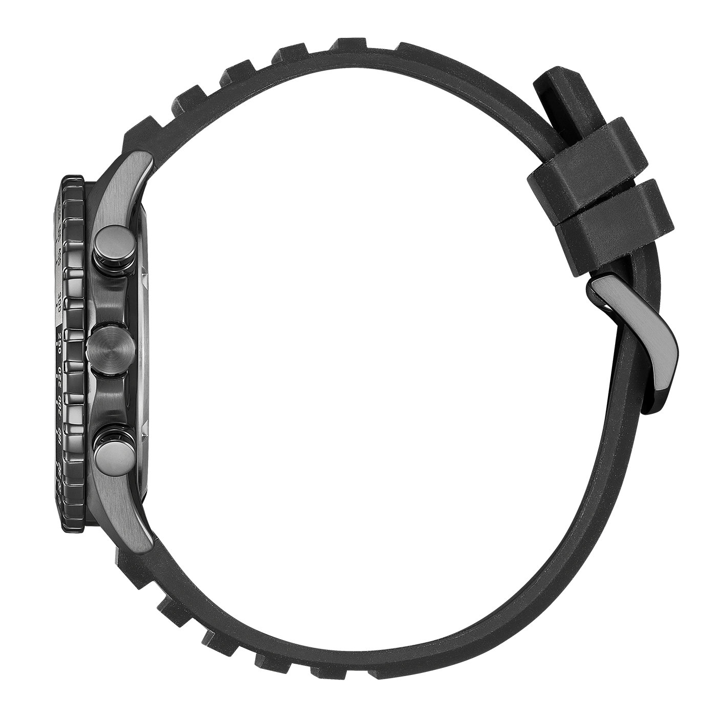 Side view of a black digital watch with a rubber strap.