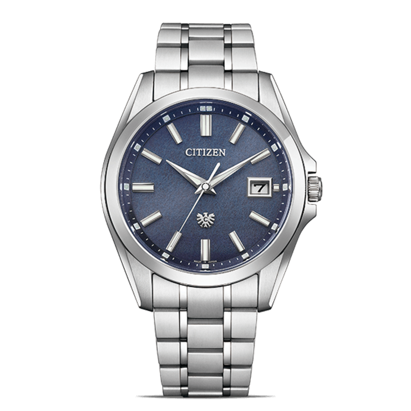Citizen watch with a blue face and silver band, elegant design.