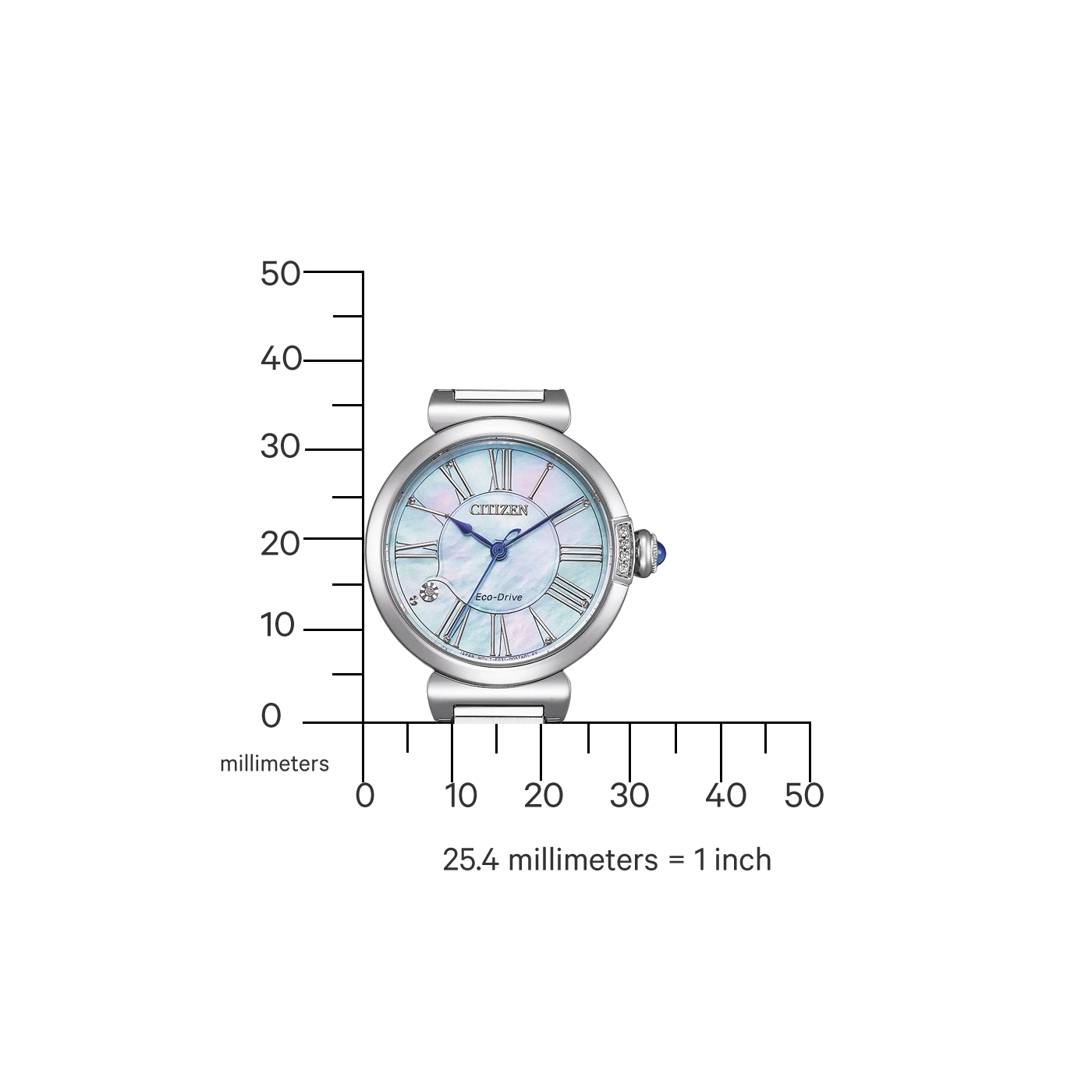 Citizen watch with a blue face and roman numerals, measuring in millimeters.