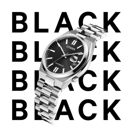 Citizen watch with black face and silver strap, surrounded by the word BLACK.