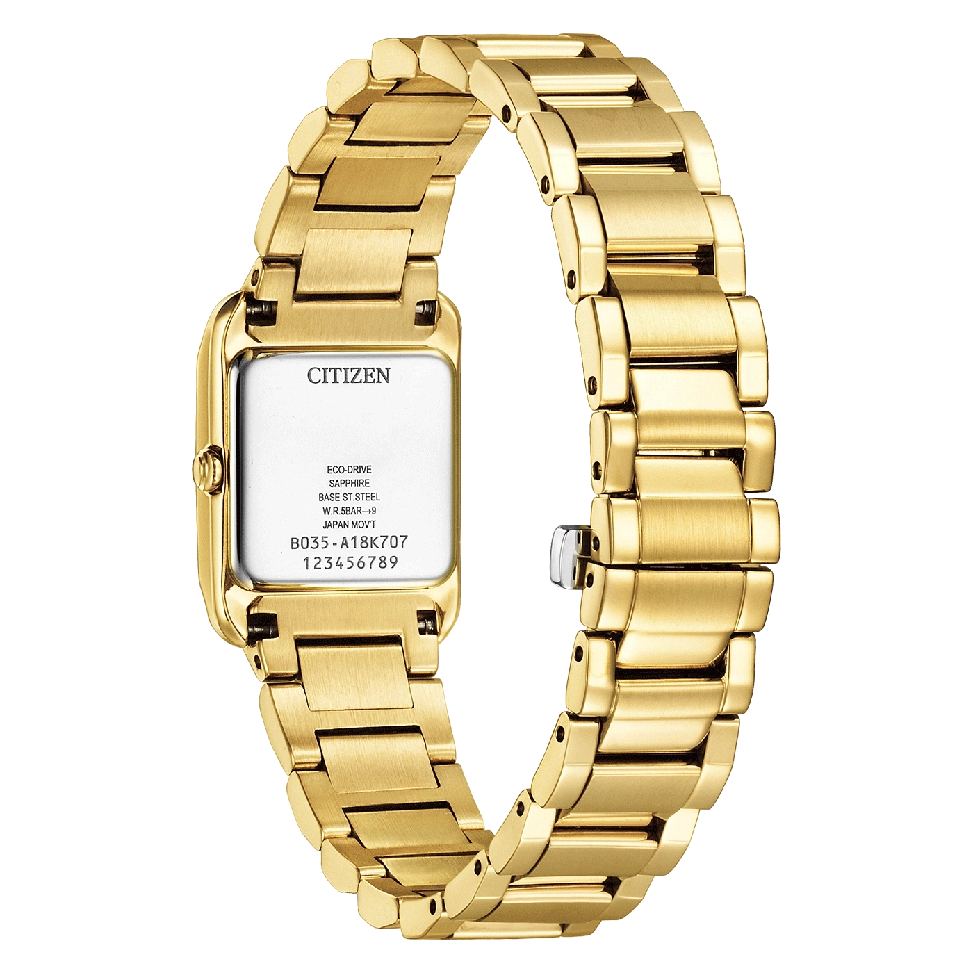 Gold Citizen watch with a rectangular face and a metal strap.