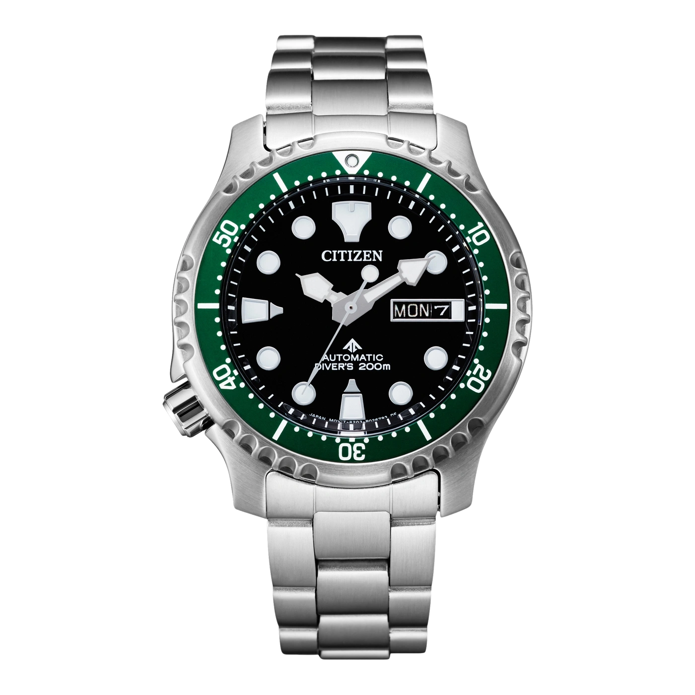 Citizen watch with a black dial and green bezel, stainless steel bracelet.