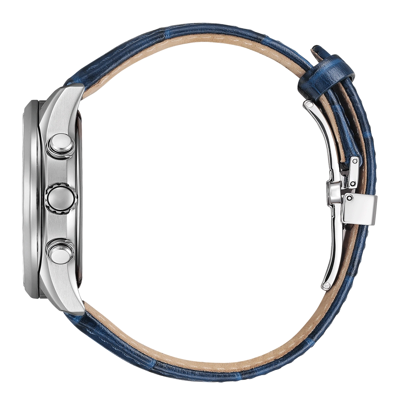 Side view of a silver watch with a blue leather strap on a green background.