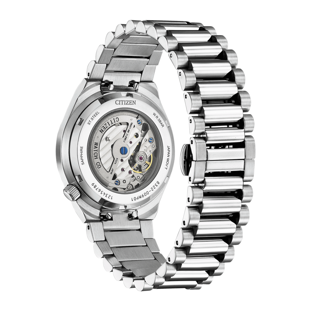 Citizen watch back, stainless steel, sapphire crystal, automatic movement, visible mechanism