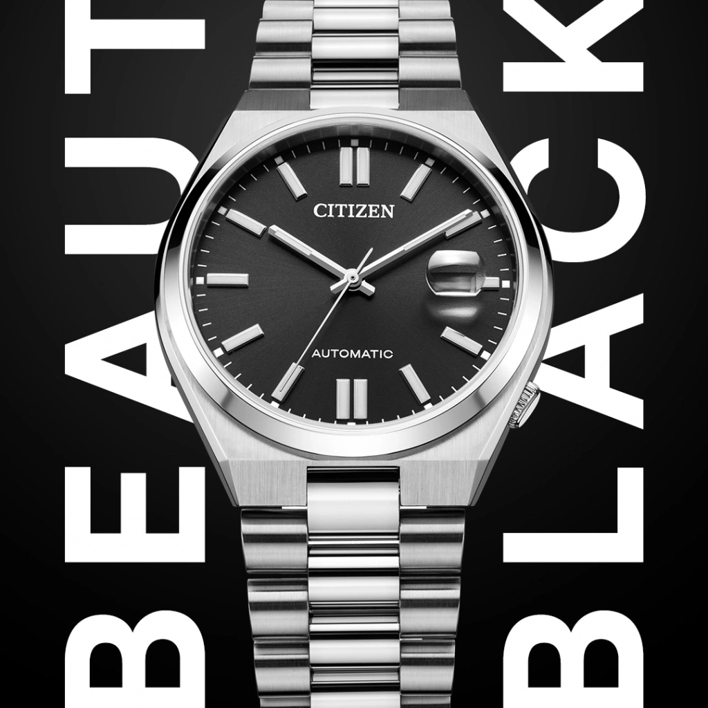 Citizen watch with black face, silver band, and the words BEAUTY BLACK.