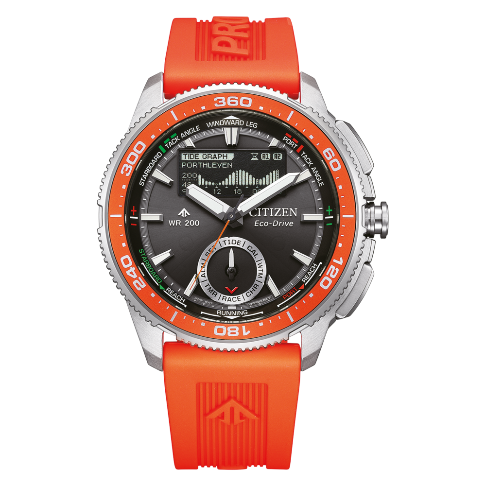 A citizen eco-drive watch with an orange strap and bezel.