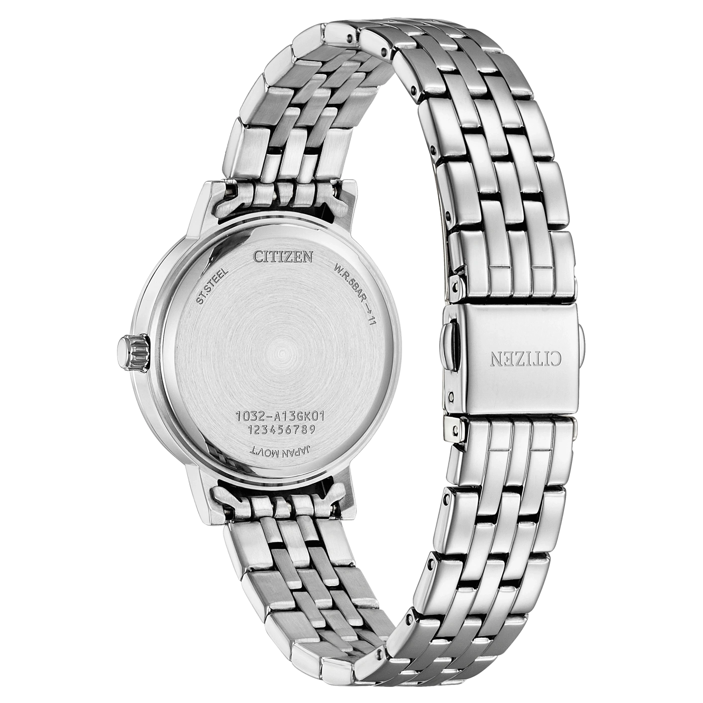 Citizen watch back, stainless steel, with model number and brand name.